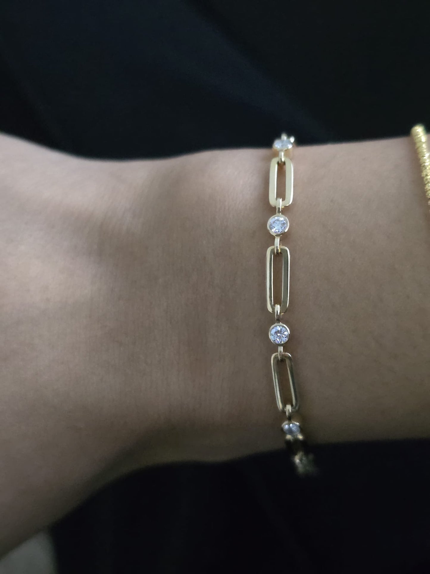 Paper Clip Bracelet With Lab Diamonds - 10k Yellow Gold - 6 Inches + 1 Inch Extender - 0.48 Ct Total Weight