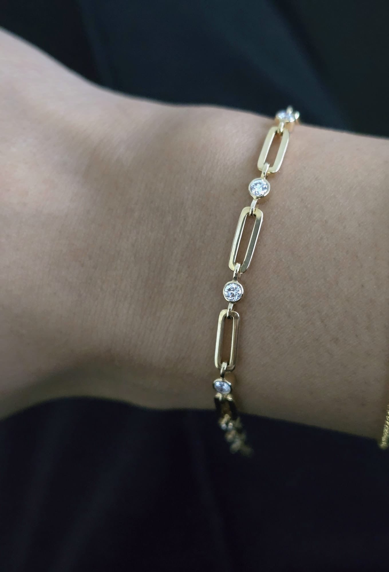 Paper Clip Bracelet With Lab Diamonds - 10k Yellow Gold - 6 Inches + 1 Inch Extender - 0.48 Ct Total Weight