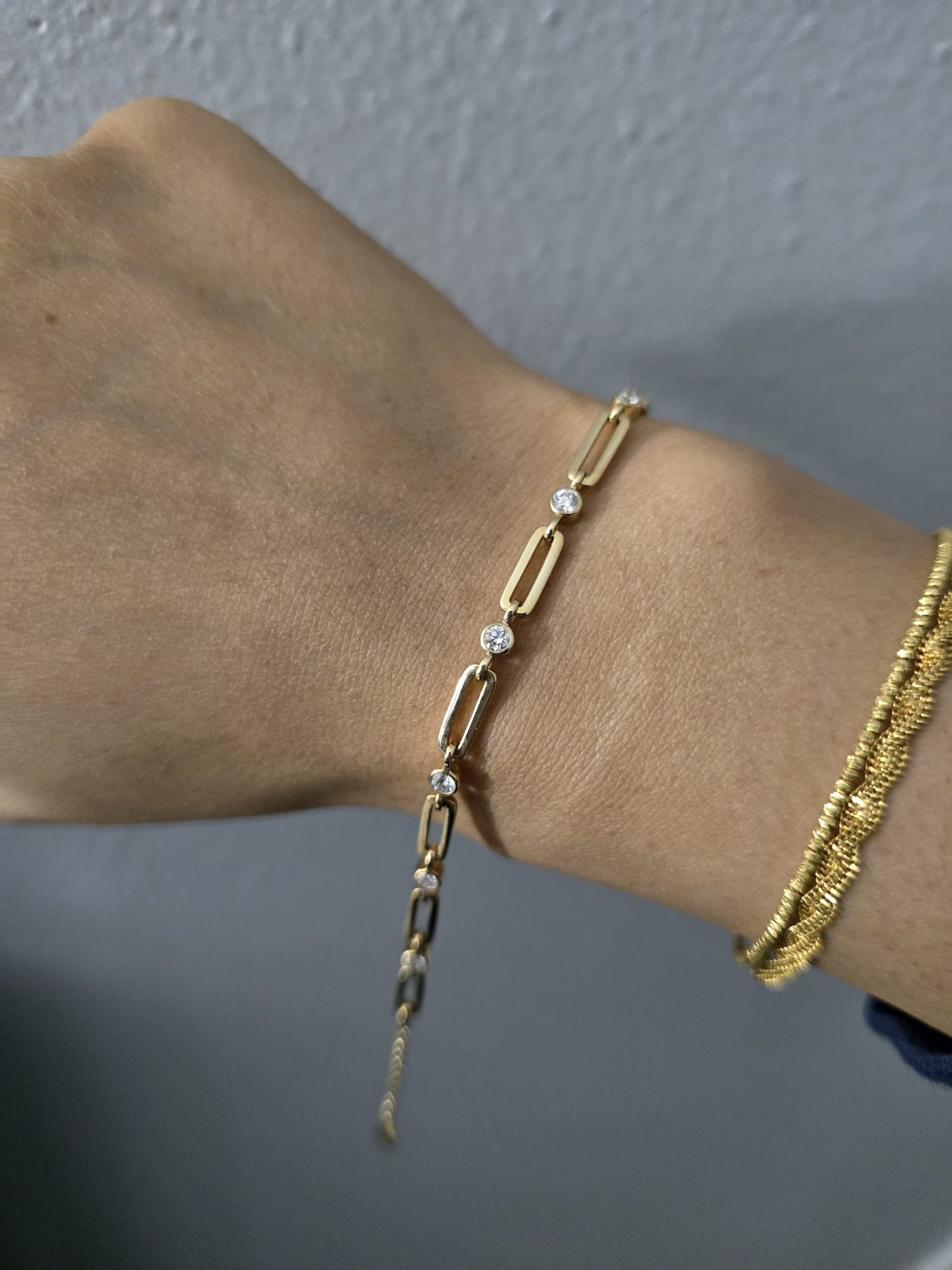 Paper Clip Bracelet With Lab Diamonds - 10k Yellow Gold - 6 Inches + 1 Inch Extender - 0.48 Ct Total Weight