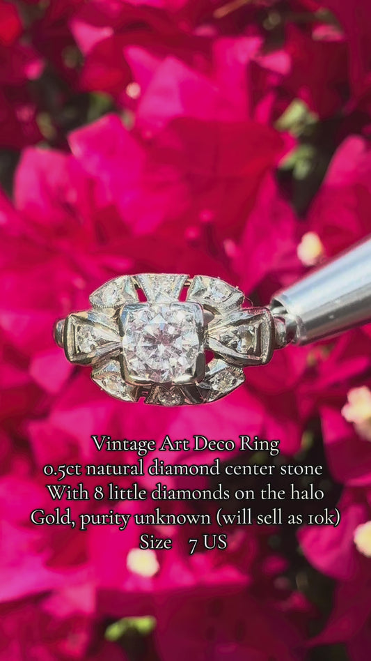 Vintage White Gold Art Deco Ring 0.5ct Natural Diamond