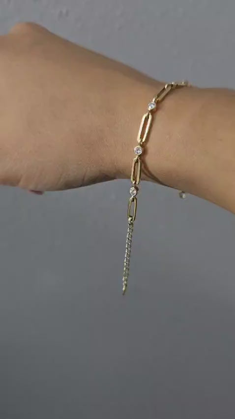 Paper Clip Bracelet With Lab Diamonds - 10k Yellow Gold - 6 Inches + 1 Inch Extender - 0.48 Ct Total Weight